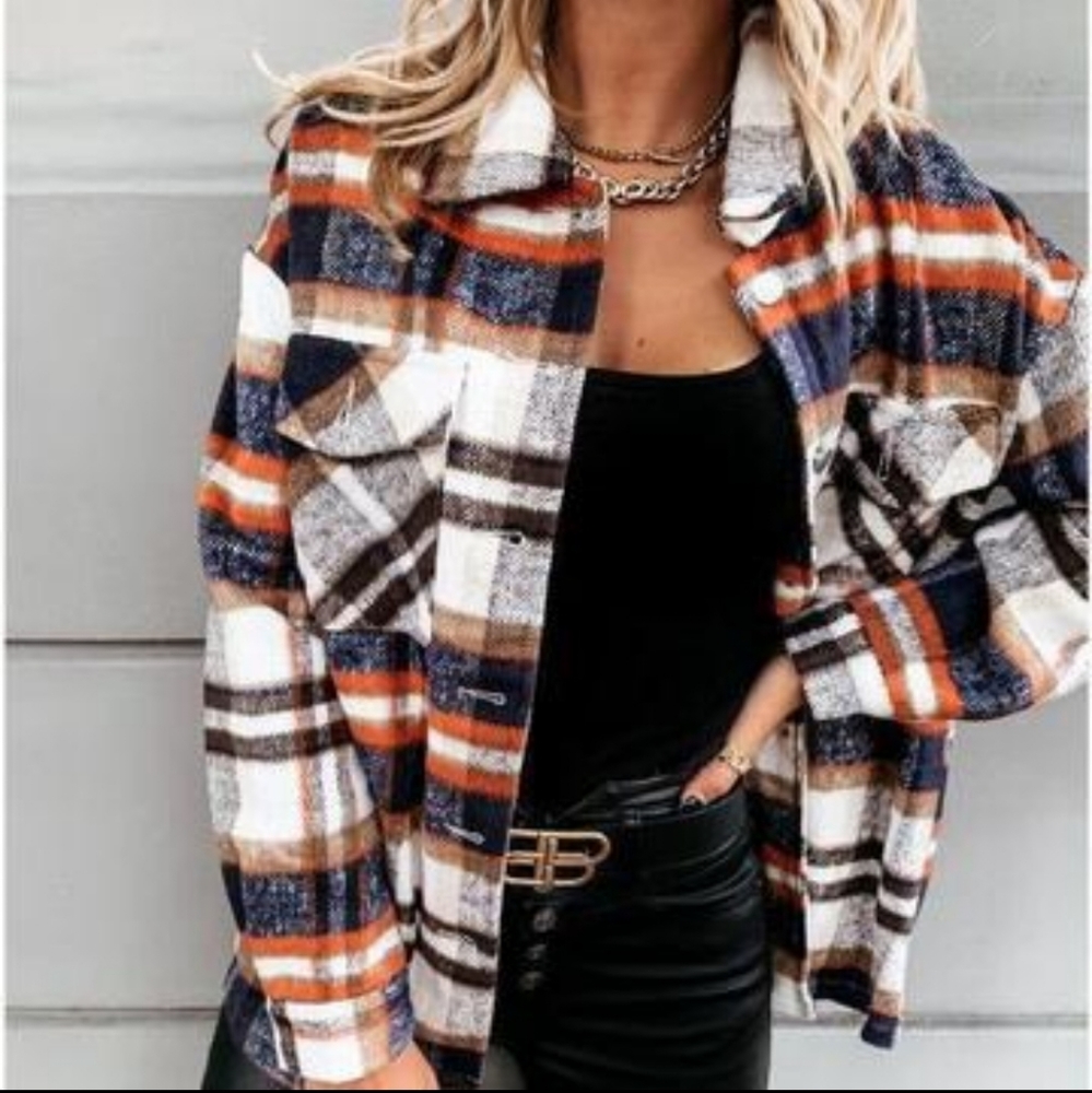 Casual Lapel Collar Buckle Plaid Pocket Outerwear